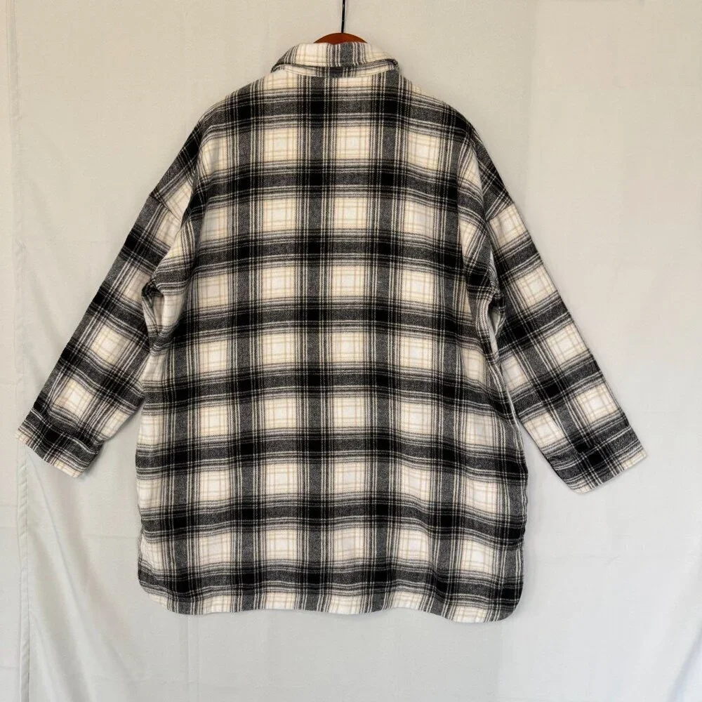 Banana Republic Flannel Black Ivory Plaid Long Line Oversized Shacket Size XL